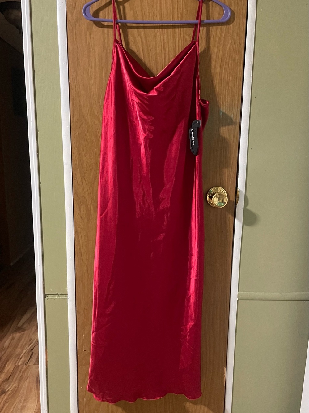 Vintage Bebe Red Satin Midi Slip Dress NWT Size L Cowl Neck Made in USA Y2K